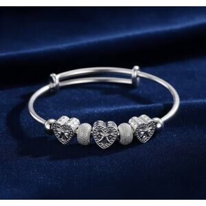 Adjustable Heart Charm Bangle, Silver-Tone, Stamped 925 Style